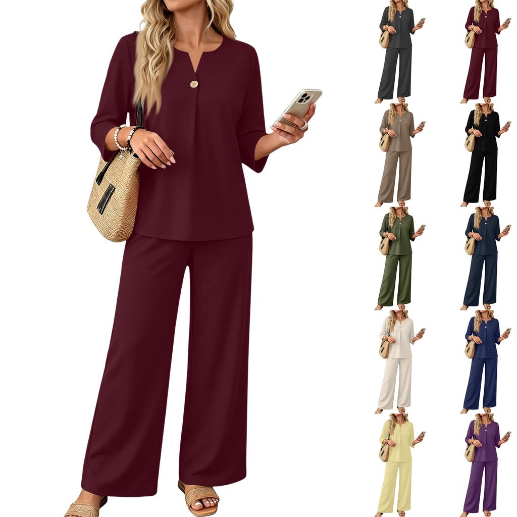 Women’s Casual Two Piece Outfit Seven Sleeve Button Top and Wide Leg Pants Set for Everyday Comfort and Relaxed Style