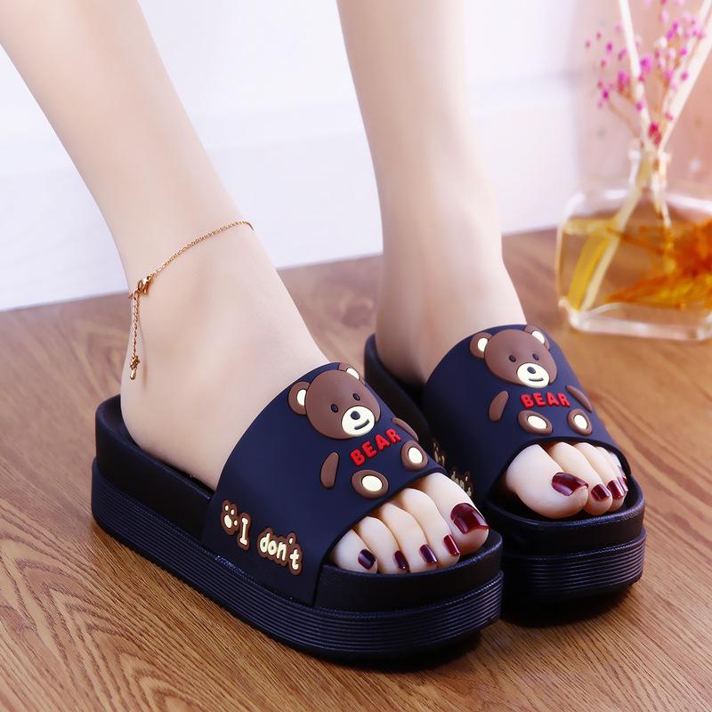 2024 New Summer High-heeled Thick Soled Slippers Women's Cute Cartoon Bear Heightening Sandals Shoes Woman Heels Summer Slipper
