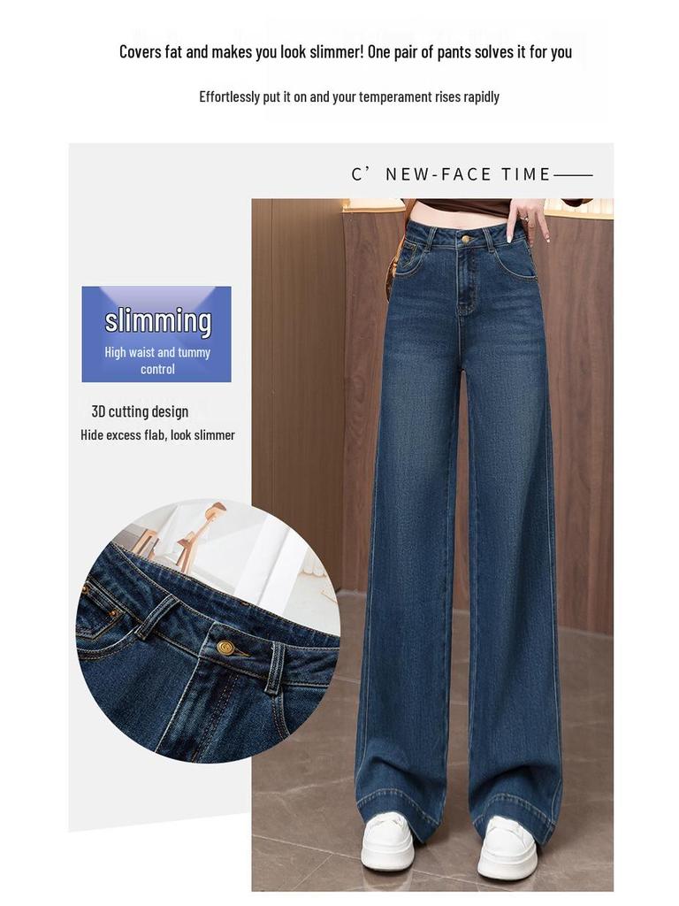 Autumn 2025 Women's Retro Blue High-Waist Wide-Leg Jeans, Slim Fit and Straight-Leg for Pear Shapes