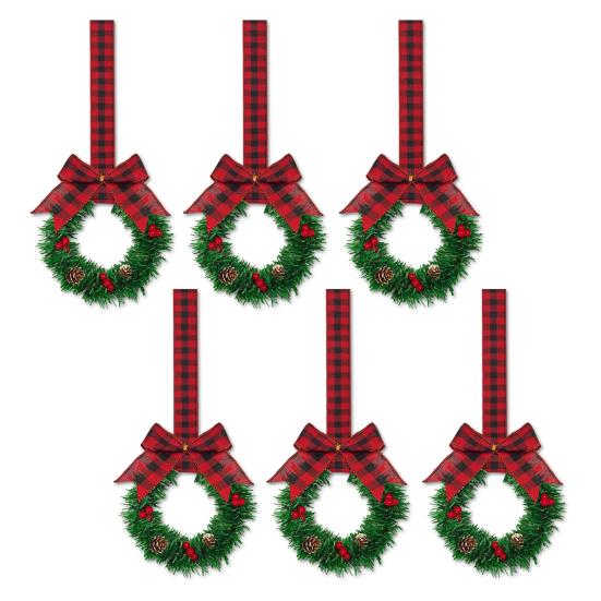 Yousheng 6 Pcs Small Christmas Wreath with Ribbon Artificial Cabinet Wreath with Red Berries Pine Cones for Home Kitchen Window Door Decor