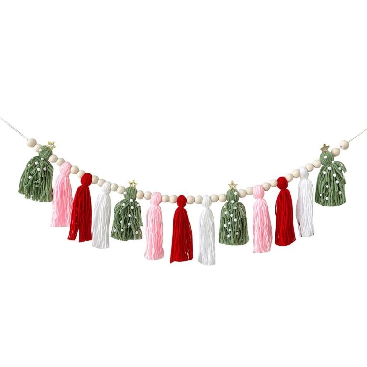 Christmas Garlands Decoration Cotton Tassels Garlands with Wood Beads Wall Hanging Bunting Banners Decors for Mantel