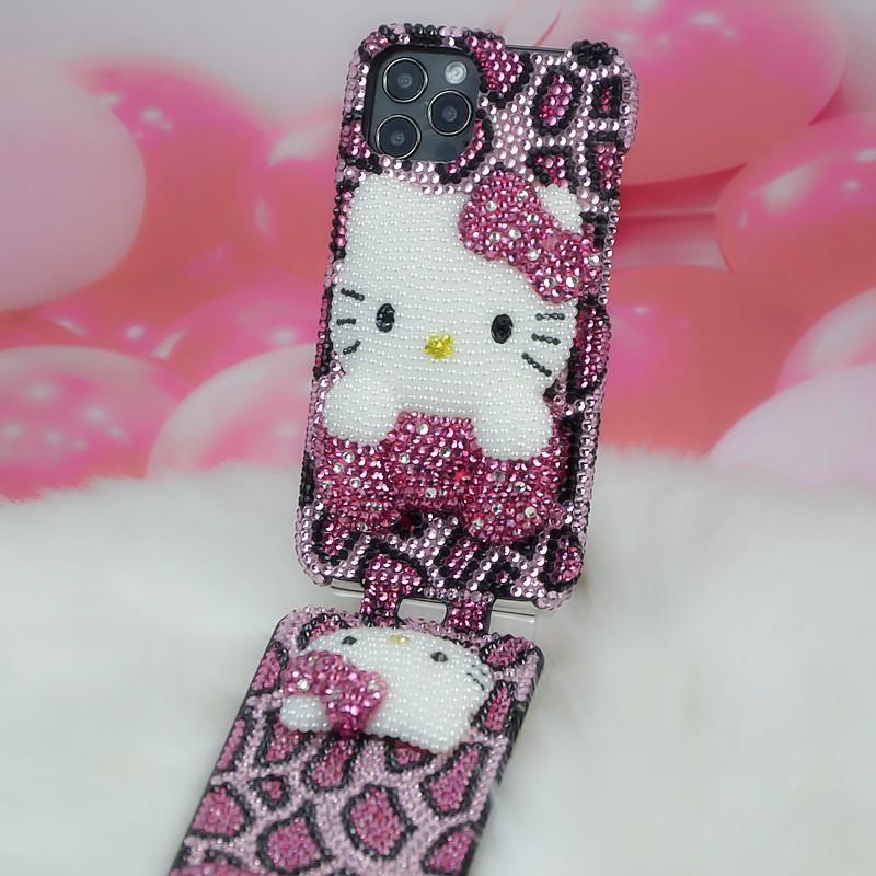 Phone Case IPhone 11 12 13 14 Pro Max Cute Cartoon Cat Flip Cover Rose Gold Leopard Print Bling Rhinestone Shockproof
