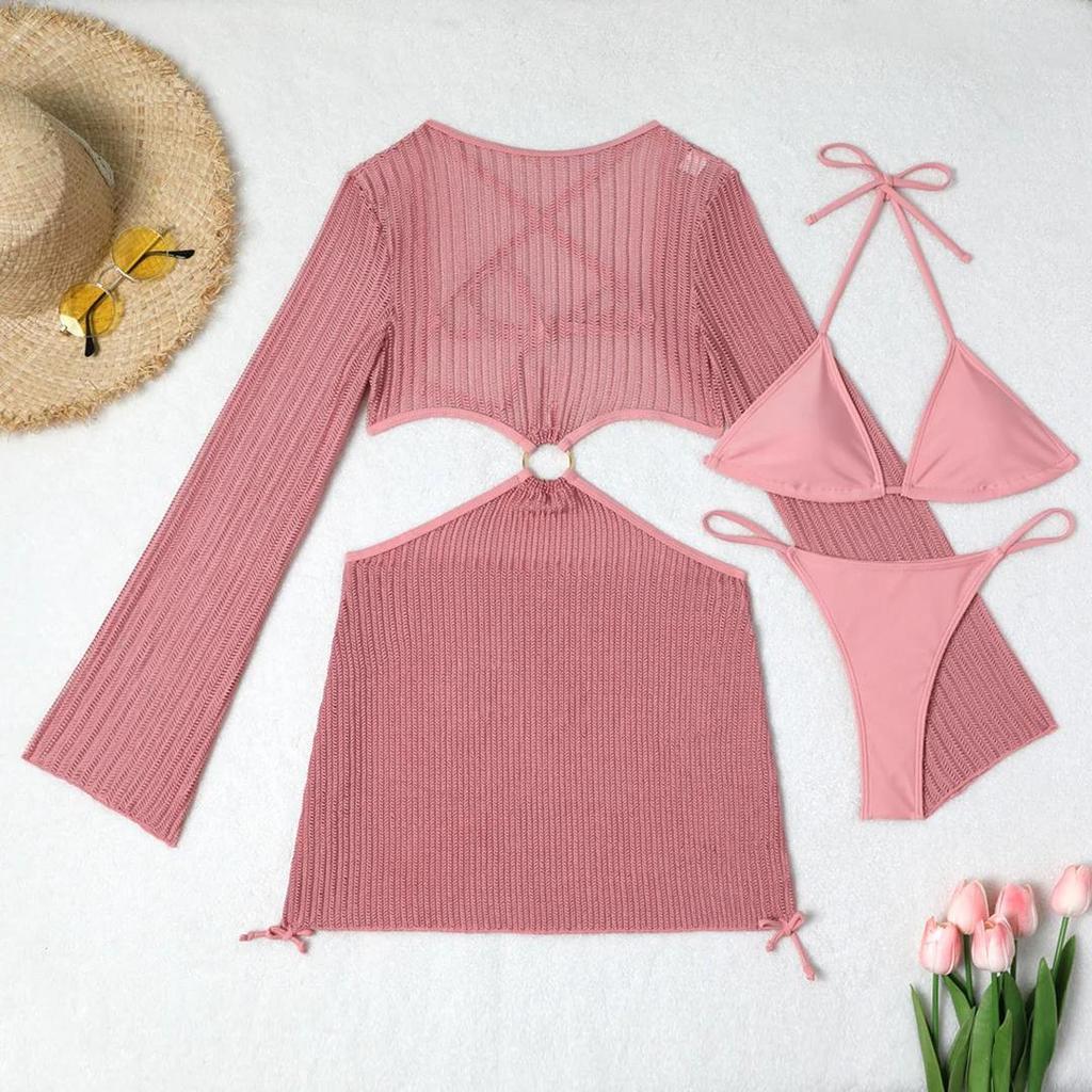 With Long Sleeve Cover Up Halter Bikini Women Swimwear Female Swimsuit Three-pieces Bikini set Bather Bathing Suit Swim