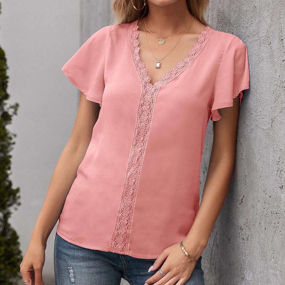Sommer Einfaches Temperament Damen T-Shirt V-Ausschnitt Lässige Lose Hohle Kurzarm Tops