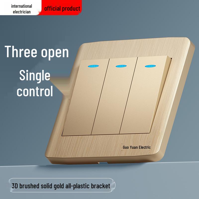 Gold 86 Typ Elektrische Nachttischlampe Wandschalterpanel mit Einzel-/Doppelsteuerung und Fünflochsteckdose