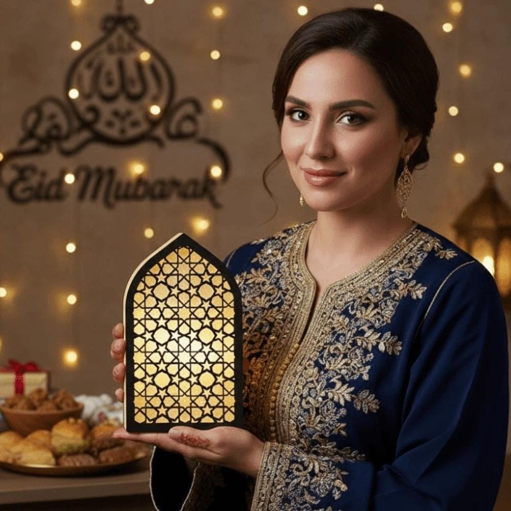 Creative Eid Desktop Ornament LED House-shaped Design Crafts Night Light Ornament Moon Carved Eid Wooden Decoration for Gifts