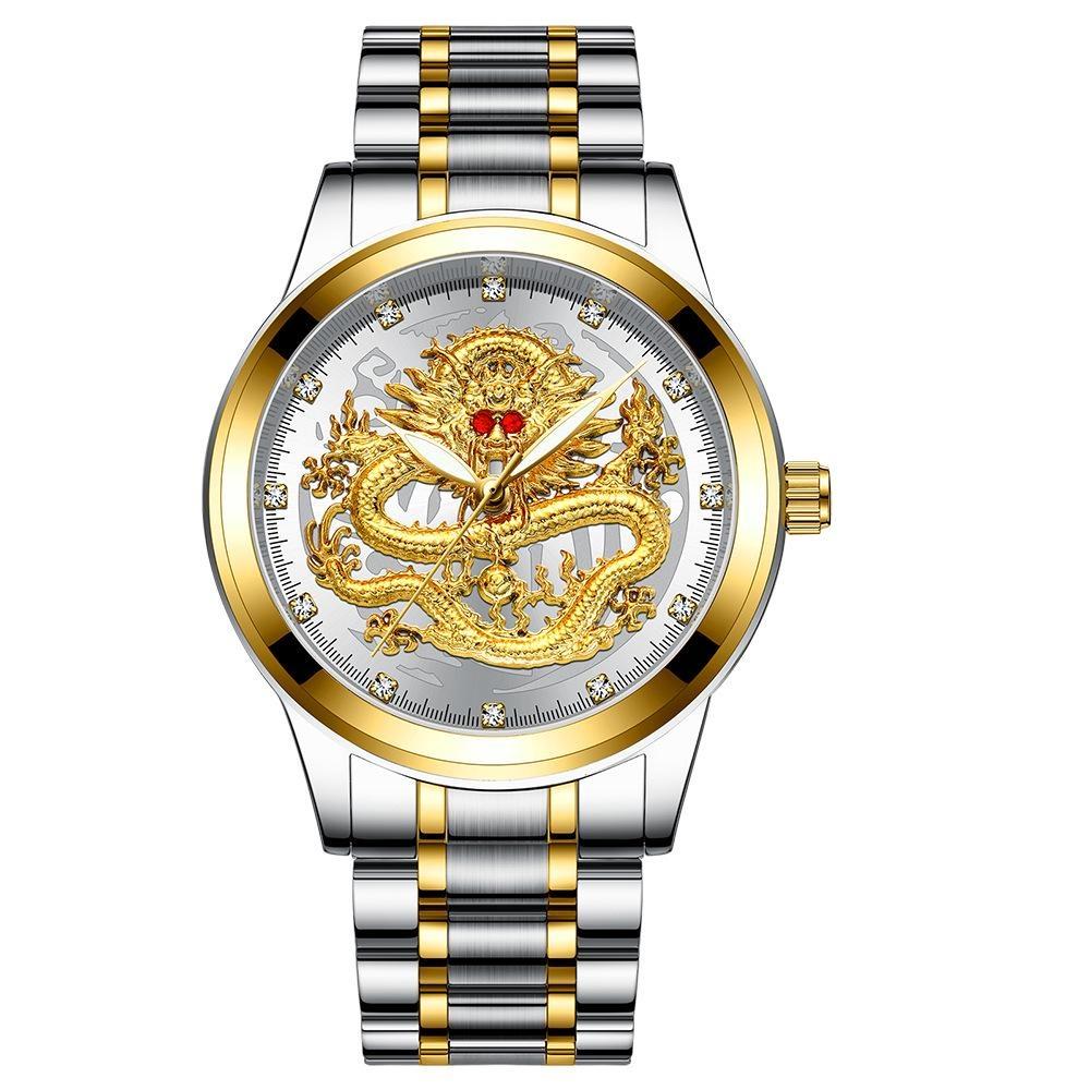 FNGEEN Men's Watch Light Luxury Relief Golden Dragon Watch Waterproof Diamond Inlaid Ruby Mens Quartz Watch
