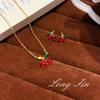 Vintage Cherry Dot Diamond Green Diamond Necklace Earrings Exquisite Versatile Premium Fashion Suit Clavicle Chain Earrings