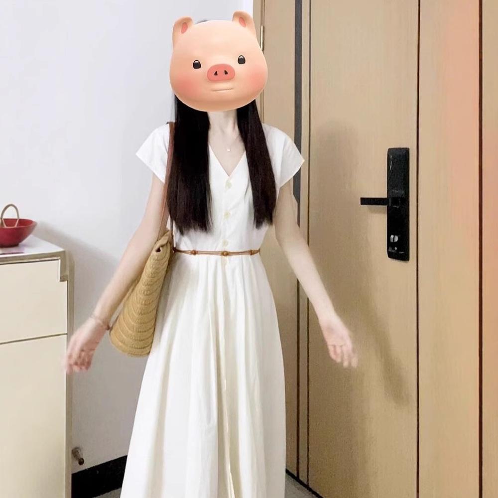 2025 Francouzské bílé letní šaty s výstřihem do V k moři pro drobné postavy - Dlouhý design se stahováním v pase