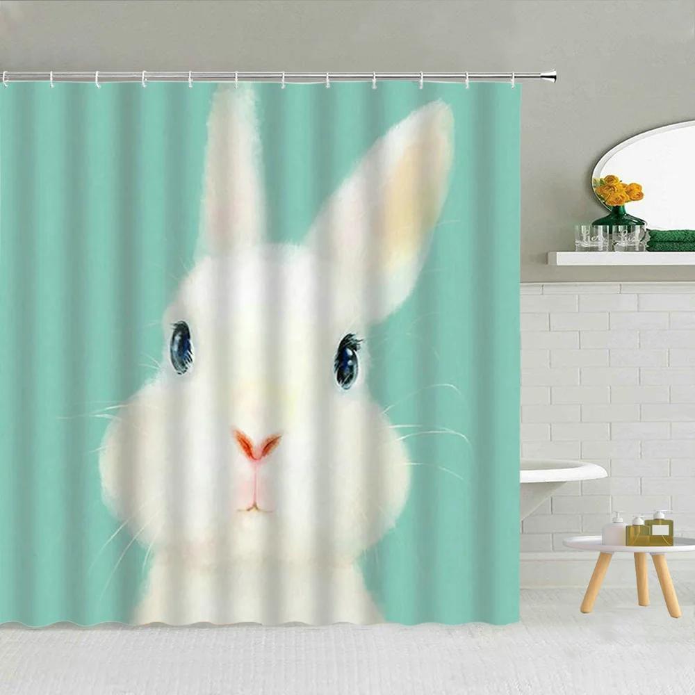 Funny Bunny Easter Shower Curtain Rabbit Colorful Egg Flower Wood Striped Backdrop Bathroom Decor Washable Fabric Hooks Curtains