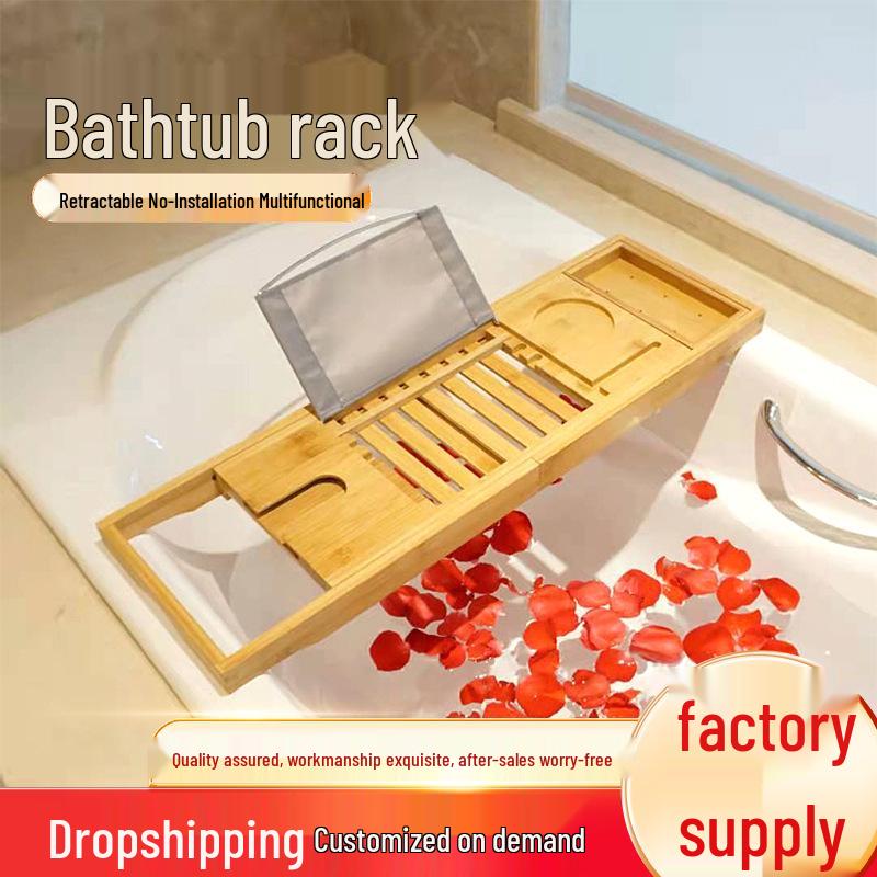 

Retractable Bamboo Bathtub Organizer with Non-slip iPad/Tablet Holder 70cm-22cm-4.5cm