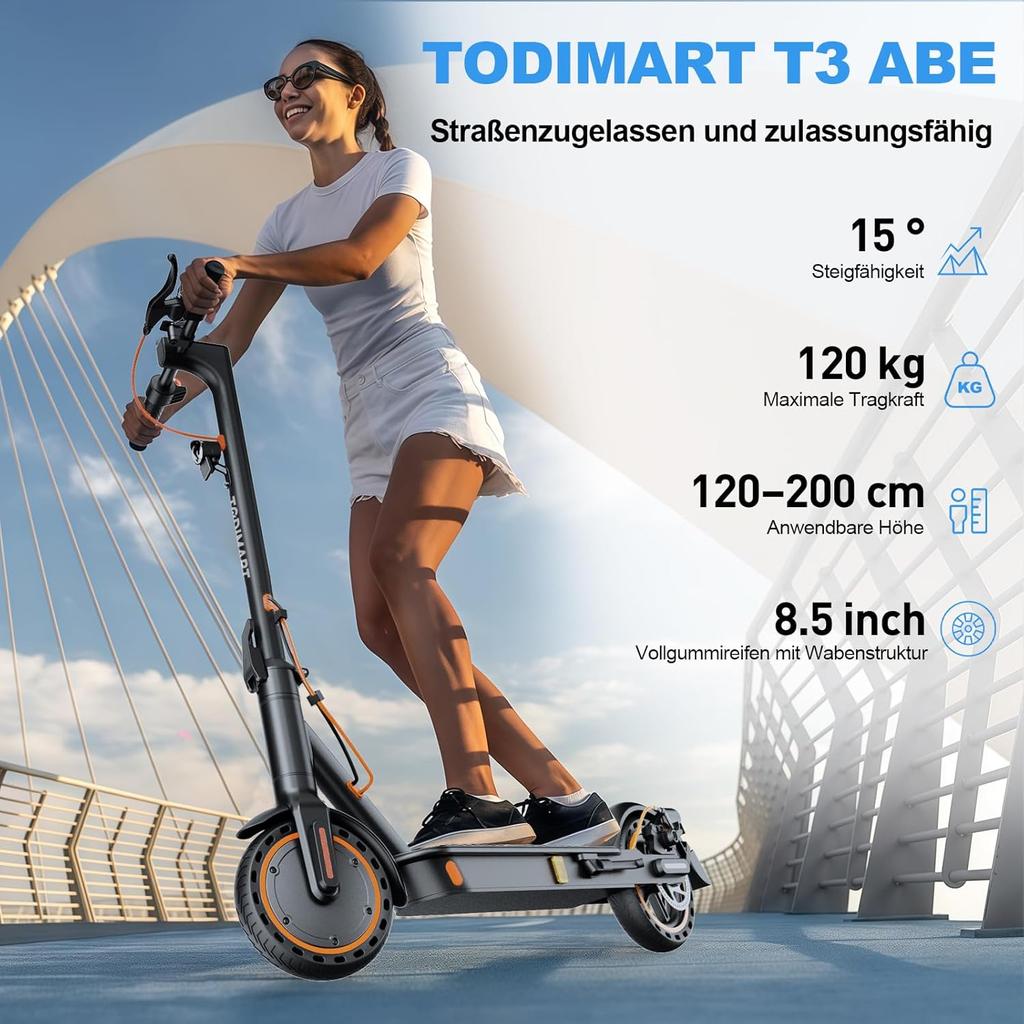 TODIMART E-koloběžka s schválením pro provoz na pozemních komunikacích T3 ABE, dojezd 30 km, motor 350 W, 8,5palcová voštinová kola, duální brzdový systém - E-koloběžka pro dospělé