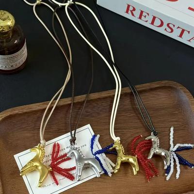 Cartoon Horse Luxury Metallic Beads Strand Tassel Pendant Necklaces for Women Long Adjustable Wax Rope Chain Choker