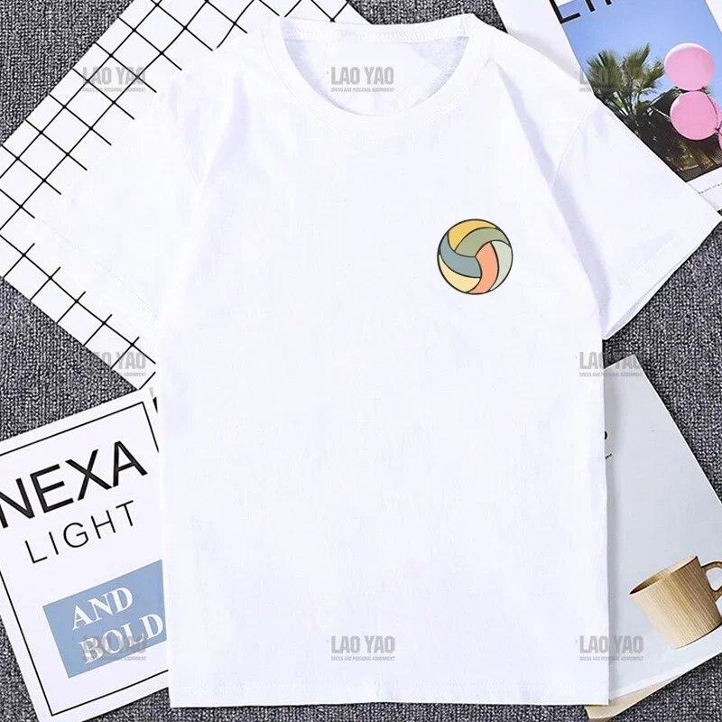 Fargerik volleyball kortermet t-skjorte for kvinner Harajuku Søt fargerikt balltrykk Komfortabel unisex-t-skjorte Uformell mote løs t-skjorte