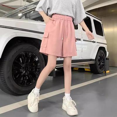 Women's Pink Elastic Waist Loose Fit Wide-Leg Summer Sports Shorts