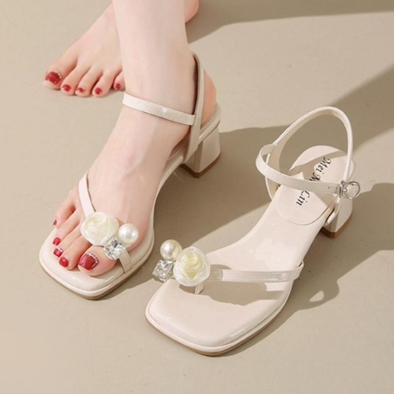 Fashion Crystal Pearl Women Sandals Square Toe High Heels Shoes Flower Elegant Woman Slippers Designer 2025 New Summer Pumps Zapatillas