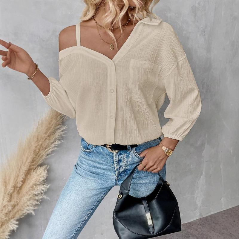 

Spring Summer European American Lapel Three-quarter Sleeve Off-shoulder Cardigan Textured Single-breasted Casual Shirt S абрикосовий