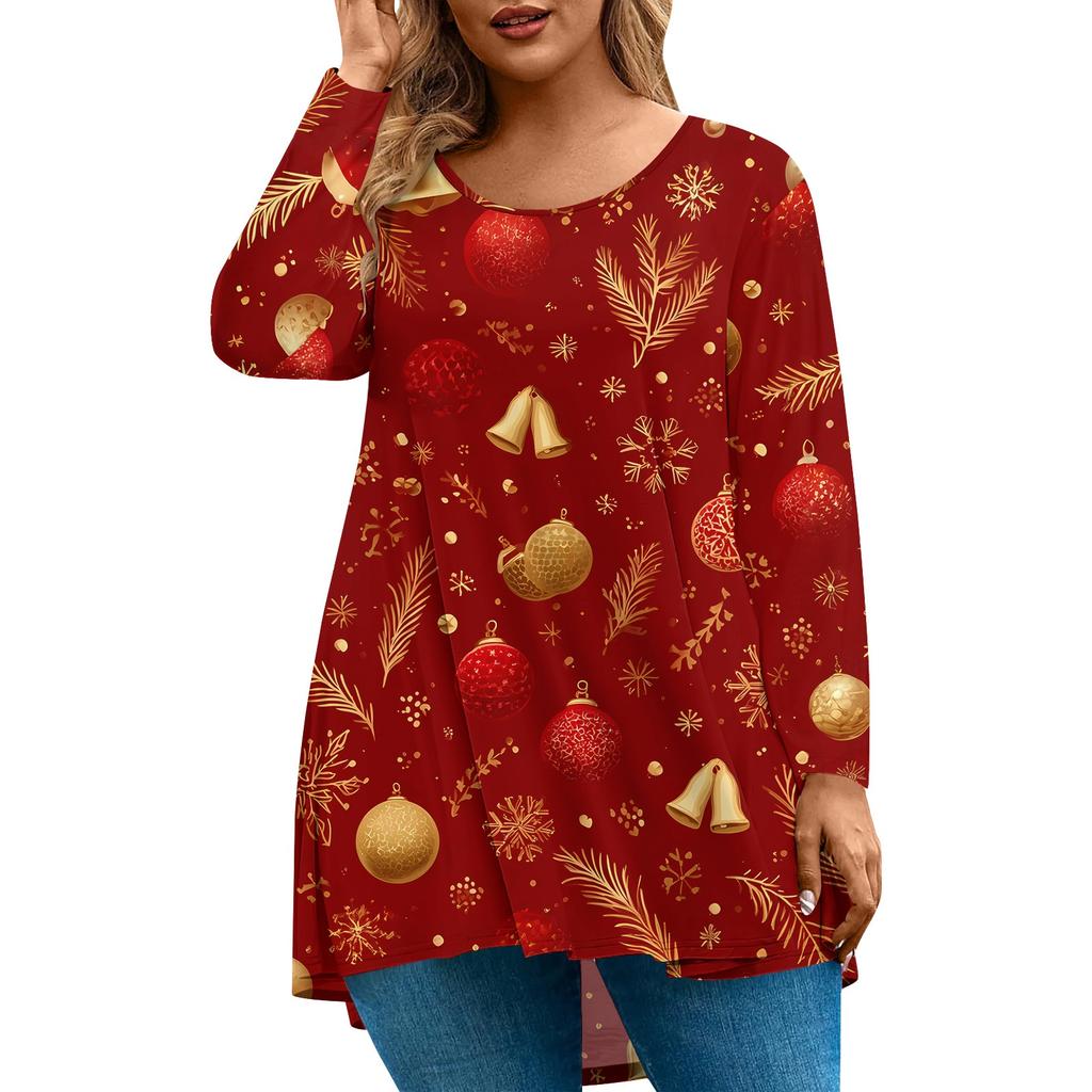 Women's Fashion Large Size Round Neck Long Sleeve Casual Christmas Print Loose Pullover Top