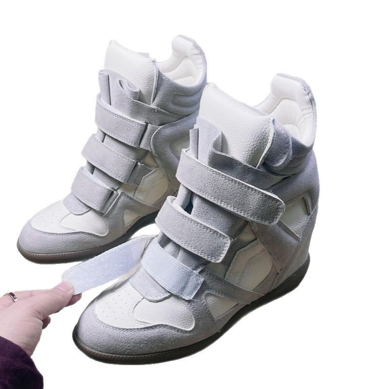 Autumn and Winter Velcro Couples Genuine Leather Dad Shoes High-top Color-blocking Sneakers Women's Inner Height Increase 8cm Casual Shoes