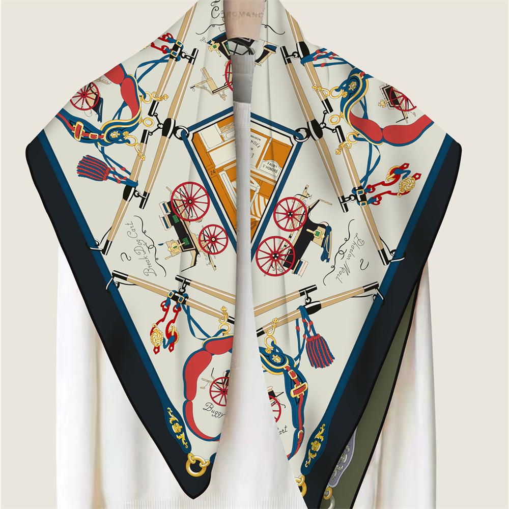 POBING Hand Rolled Twill Silk Scarf Women Horse Carriage Double Print Square Scarves Wraps Echarpes Foulards Femme Hijab 90CM