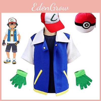 Ketchum Cosplay Ash Costume Full Set Adults Jacket Gloves Hat Halloween