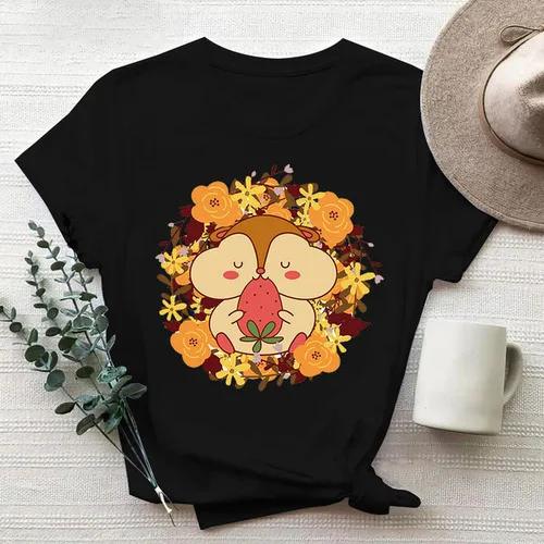 Cartoon Cute Hamster Cartoon Cute Hamster Baby Round Neck Big Size Round Neck Black T-shirt Woman Tops