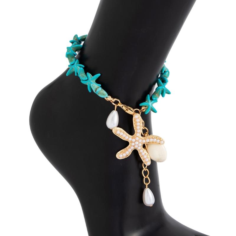 Shell Detail Anklet for Women Starfish Pendant Bead Drops Gold Tone Chain Jewelry for Beach Vacation Summer Styling