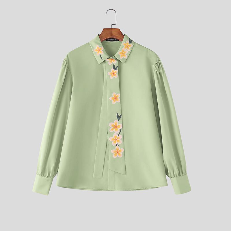 INCERUN Men Lapel Neck Long Sleeve Tie Up Buttons Up Floral Print Casual Shirts