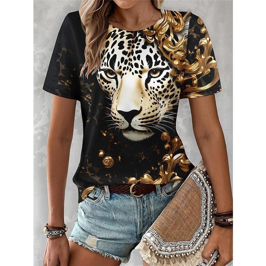 Summer Round Neck Leopard Floral Pattern 3D Print Top Fashionable Casual Short Sleeved Women's T-shirts