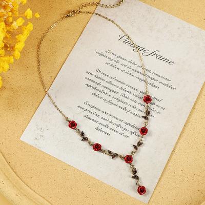Vintage Romantic Red Rose Flower Necklace Niche Flower Pendant Collarbone Chain Bracelet Stud Earrings Female