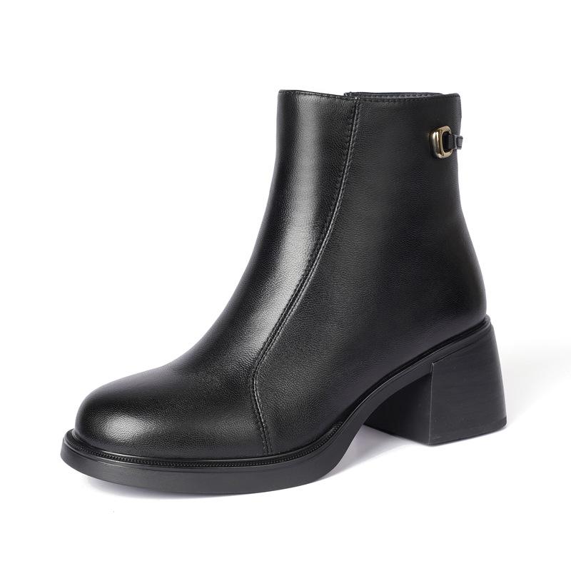New Temperament Women's Winter Short Boots Cigarette Boots Medium Tube Women's Leather Boots Versatile Autumn and Winter Boots Cowhide Women's Shoes