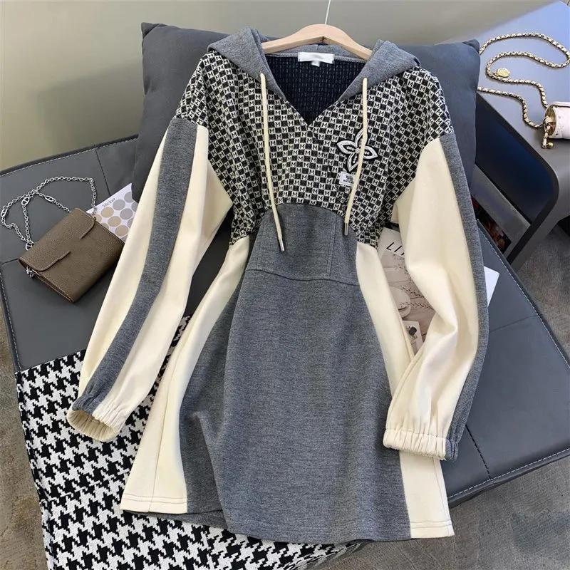 Women's Vintage Embroidery Plaid Patchwork Y2K Hooded Dress High Waist Long Sleeve Sexy Mini Dresses