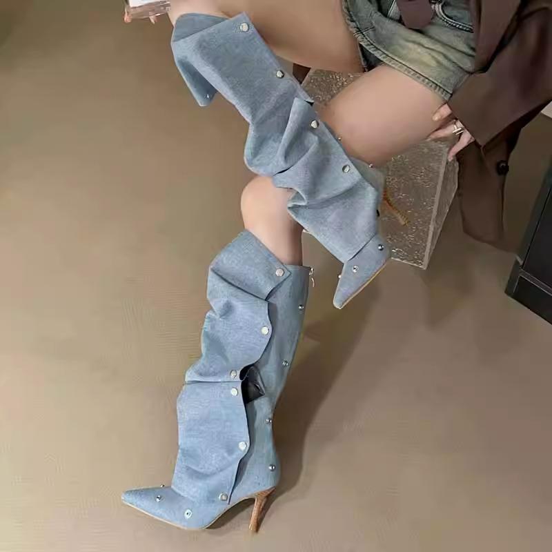 2025 Willow Studded Buckle Splicing Cowboy Pleated Boots Women Spice Girls Fashion Ladies Slim Heel Sexy Versatile Women's Shoes