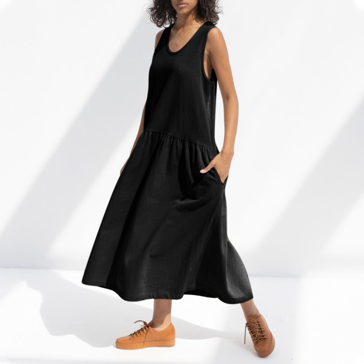 

Женское модное повседневное однотонное хлопковое льняное платье без рукавов с v-образным вырезом и карманами XXL чёрный
