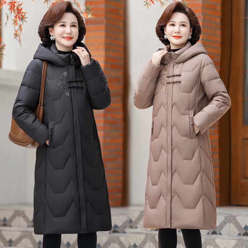 2024 Winter Chinese Style Mid-Length Down Jacket for Middle-Aged Women, Over-the-Knee, Plus Size