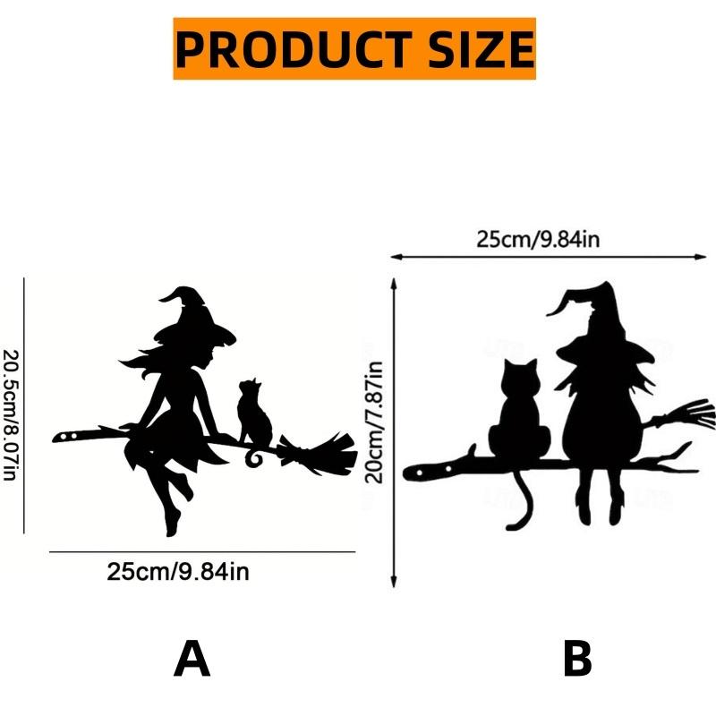 Halloween Black Cat Witch Broom Silhouette Garden Outdoor Stake Statue Decor