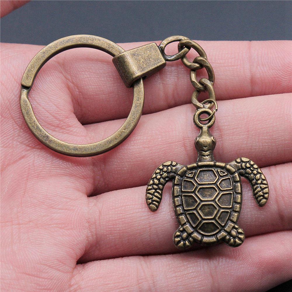 Marine Life Turtle Ocean Creature Pendant Antique Bronze Metal Keychain with 30mm Ring for Men Fashion Gift
