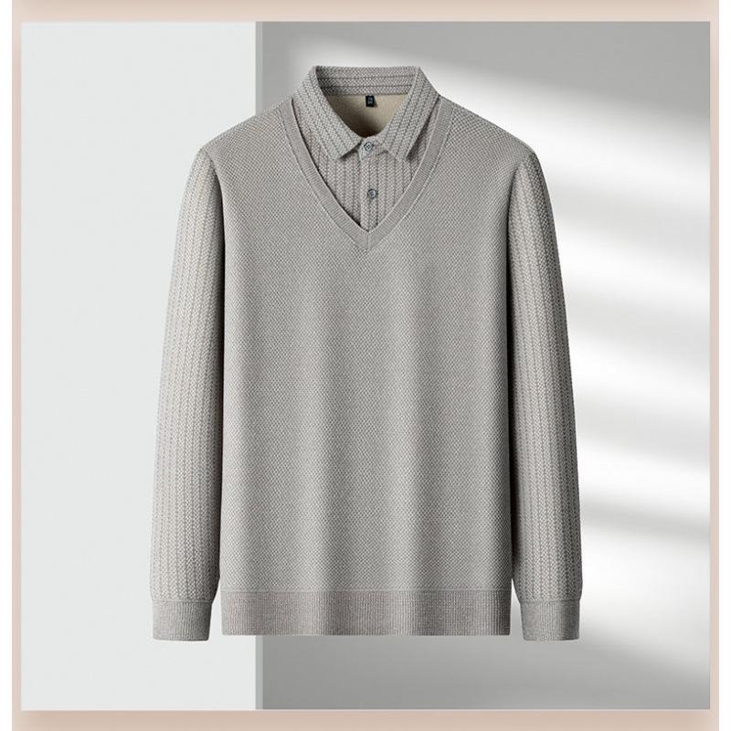 Men's Winter Plus Velvet Faux Two-Piece Knit Polo Sweater