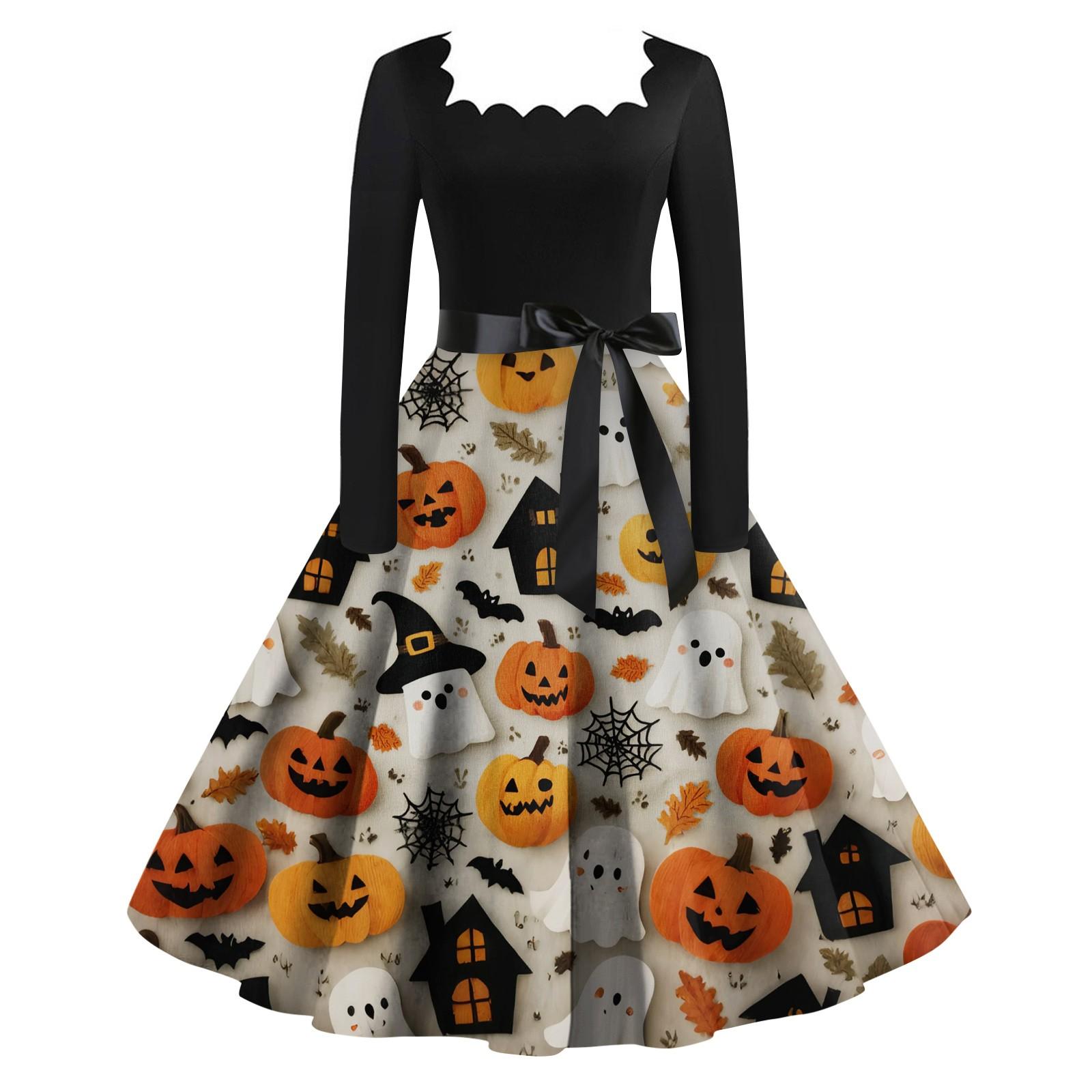 

Женское модное ретро вечернее платье с длинным рукавом и квадратным вырезом с принтом на Хэллоуин XXXL