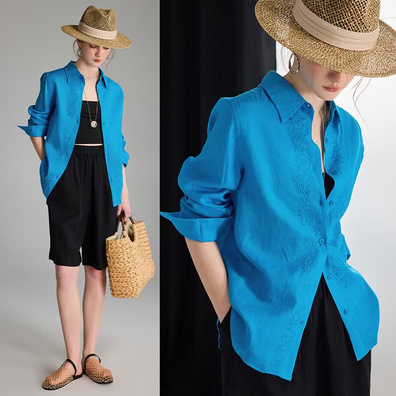 Wudao 100% Linen Embroidered Summer Shirt S