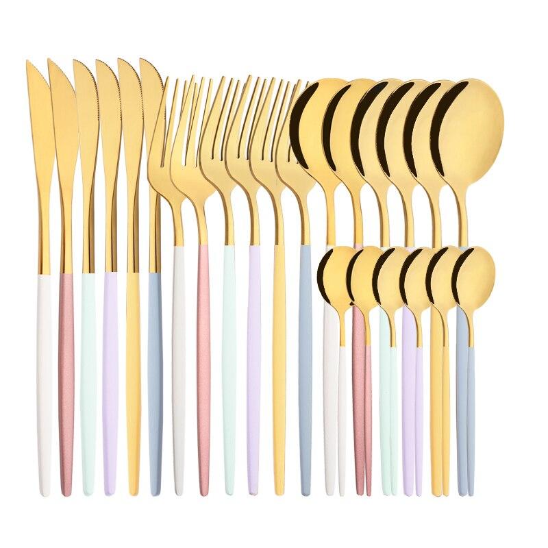 6Set/24Pcs Haze Blue Dinnerware Cutlery Set Western Stainless Steel Gold Tableware Knife Fork Spoon Flatware Kitchen Silverware