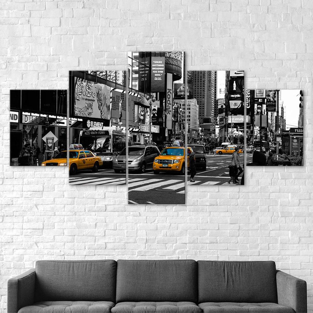 New York City Street Yellow Taxi Cars Black White Scenery 5 Piece Five Panel Wall Canvas Print Modern Art Poster Home Decor Gift For Him Her