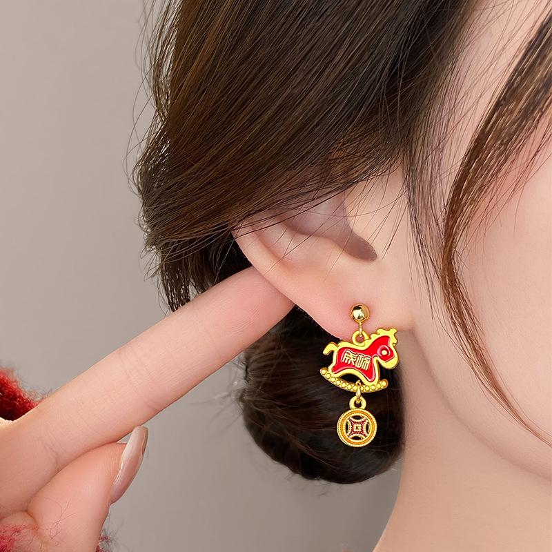 Red Velvet Zodiac Horse Earrings: Festive Dangle for New Year