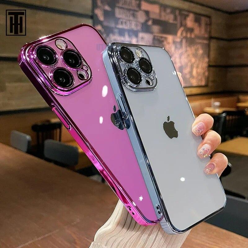 Luxury Transparent Primary Colours Phone Case For IPhone 15 14 11 12 13 14 Pro Max Mini XS X Plus Plating Frame Protective Cover