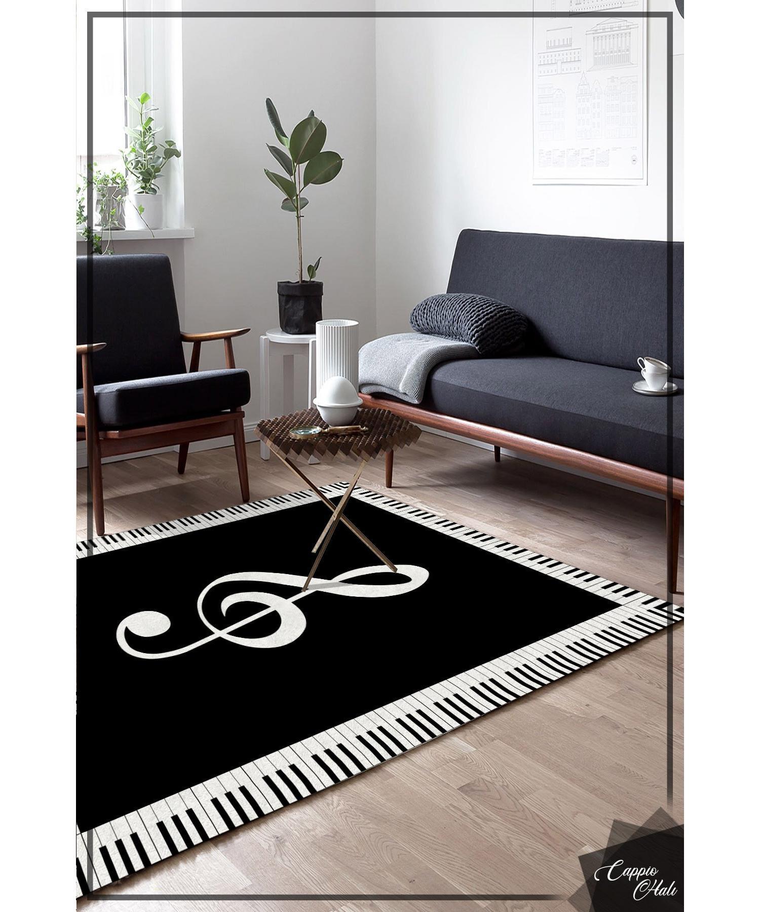 

Черно-белый ковер с рисунком фортепиано - CP313