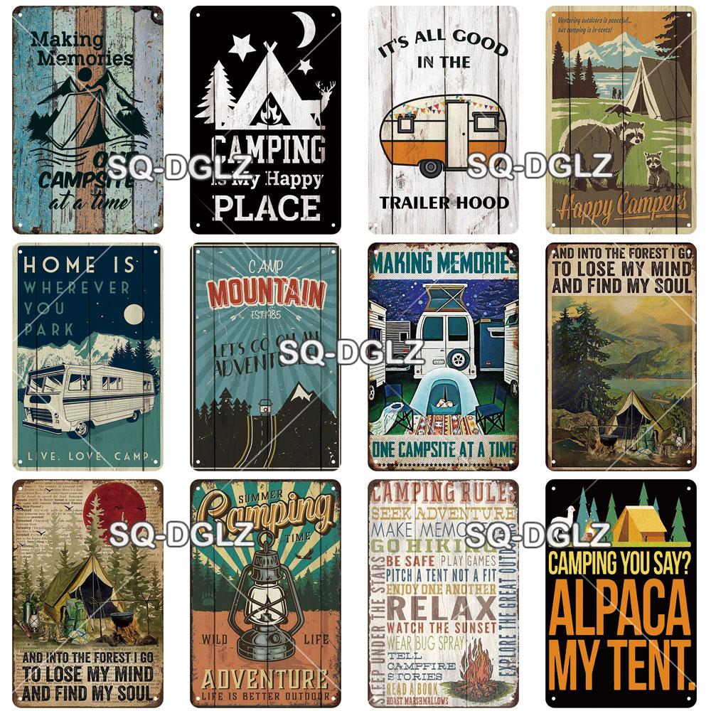 SQ-DGLZ Vintage Camping Rules Relax Metal Sign Plate Tin Sign Plate Home Bar Door Wall Decor Sticker Decoration Plaque Poster