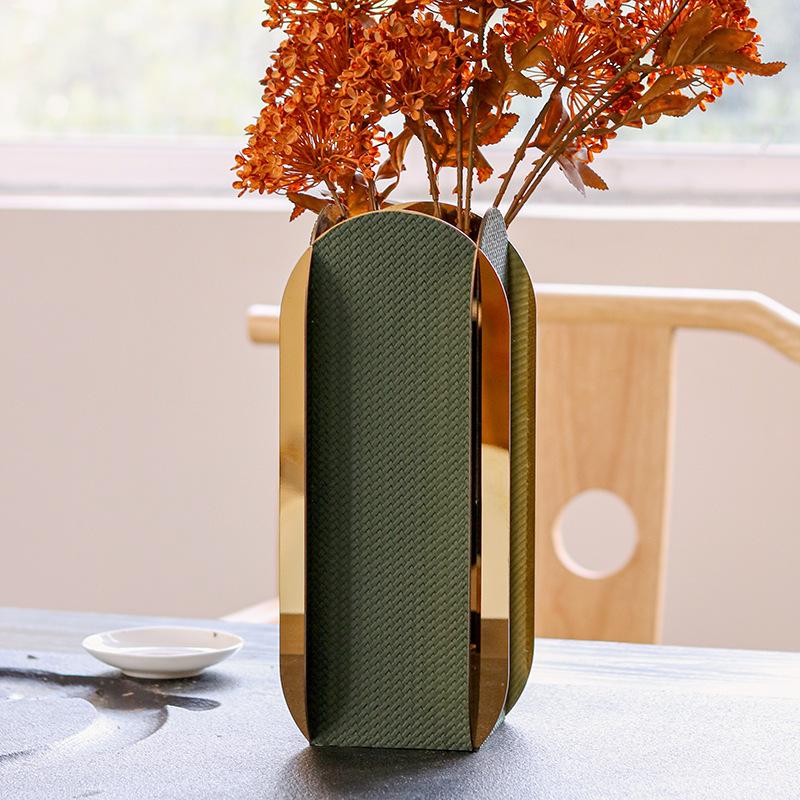 Luxury Geometric Stainless Steel Vase, Leather Art Metal Flower Vase, Living Room Desktop Flower Arrangement, Home Decoration