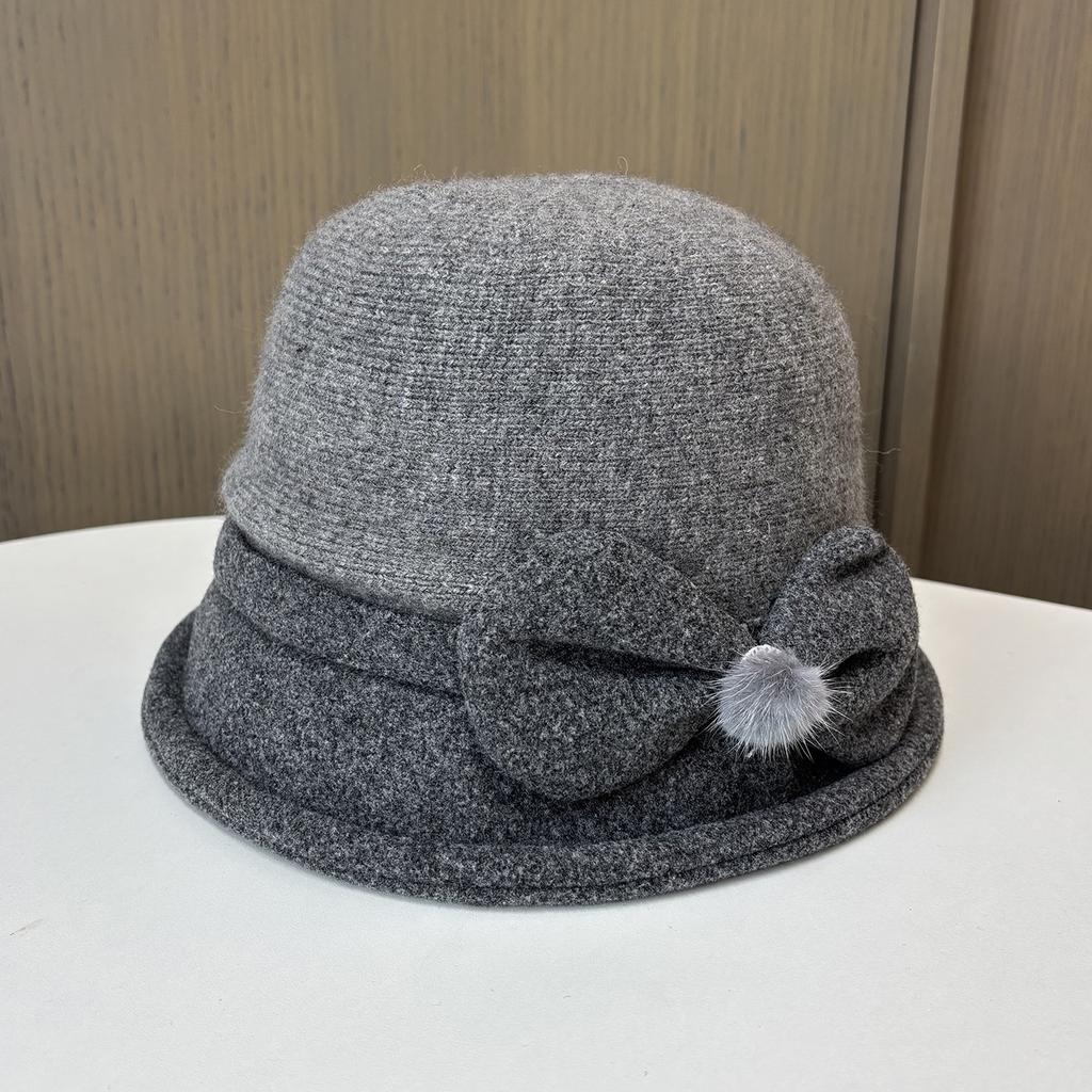 Wool Bucket Hat Thermal Hat Children Elegant Hairball Bow Mother Basin Hat