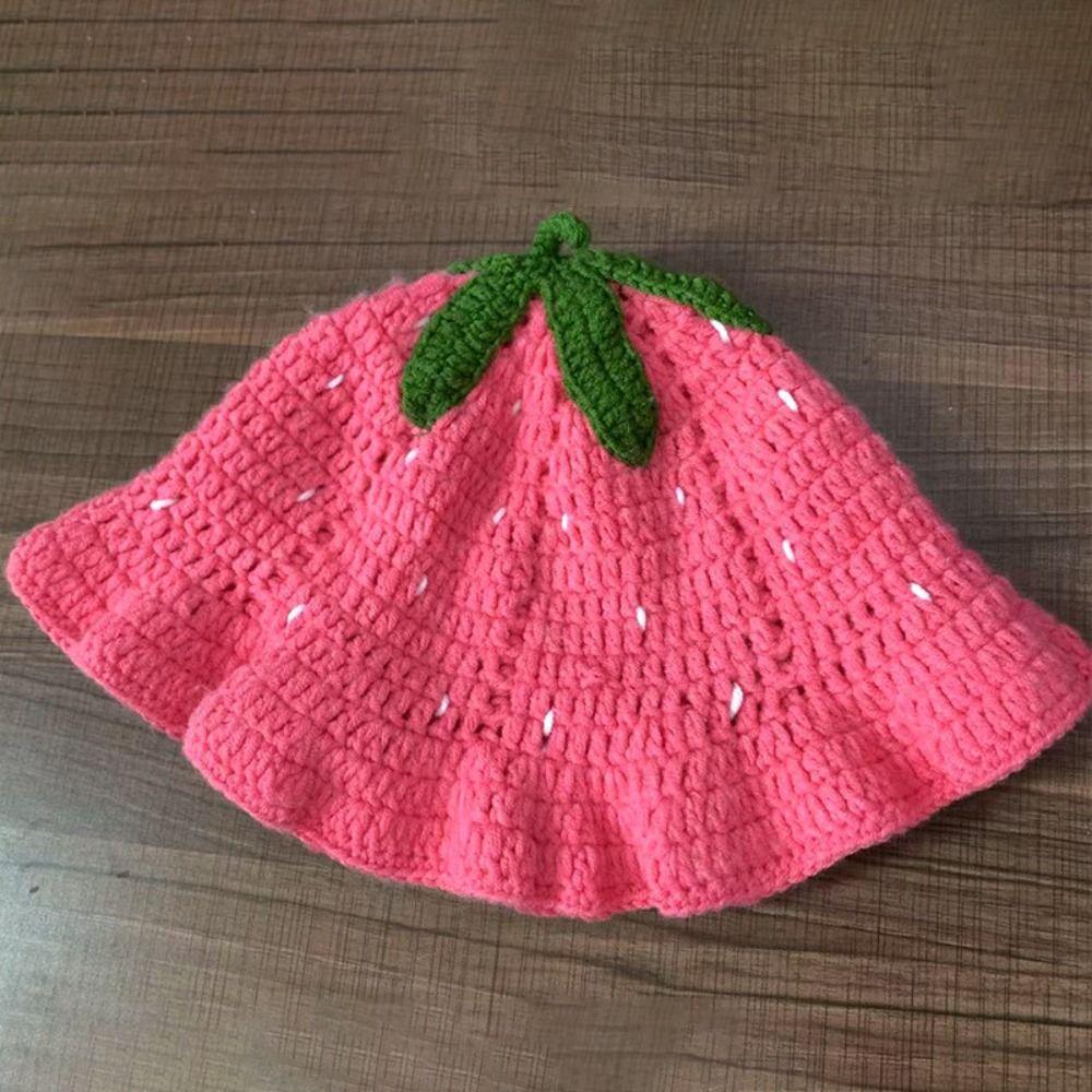 Ruffle Strawberry Knitted Hat Fruit Shaped Knit Fisherman Hat Knitted Bucket Hat Streetwear