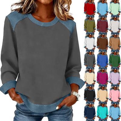 Damen Jeanskragen Patchwork Nähte Sweatshirt Lässig Pullover Langarmshirts